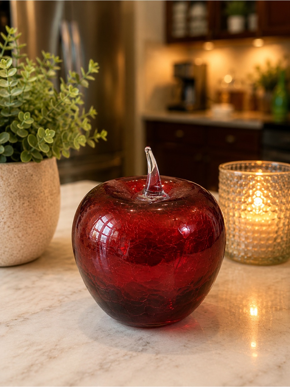 Vintage Hand Blown Ruby Red Crackle Glass Apple Art Glass Paperweight